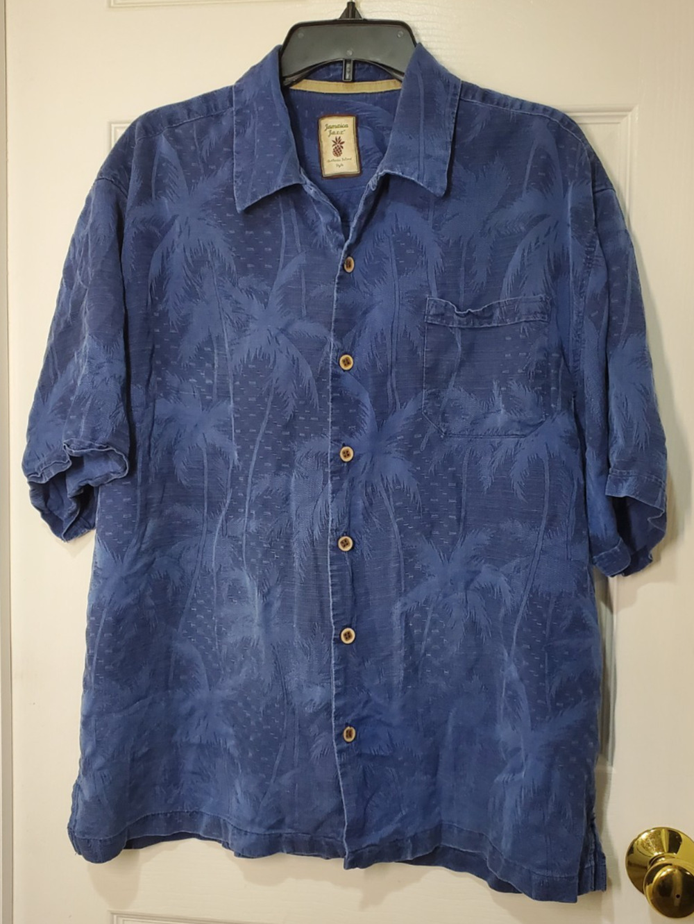 Jamaica Jaxx Mens XL Blue Silk Hawaiian Camp Shirt Palm Tree Jacquard Island